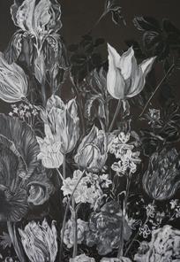 Detail großer Blumenstrauß s_w, 155x110 cm Öl auf Leinen